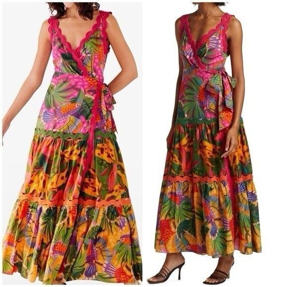 (T7) FARM RIO Wrap dress with painted toucan print. Long dress, tiered , size L - Picture 1 of 15